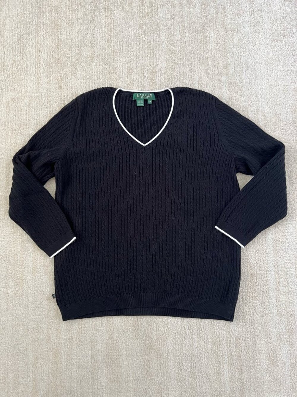 Lauren Ralph Lauren Cable Knit V Neck Cotton Sweater M Petite